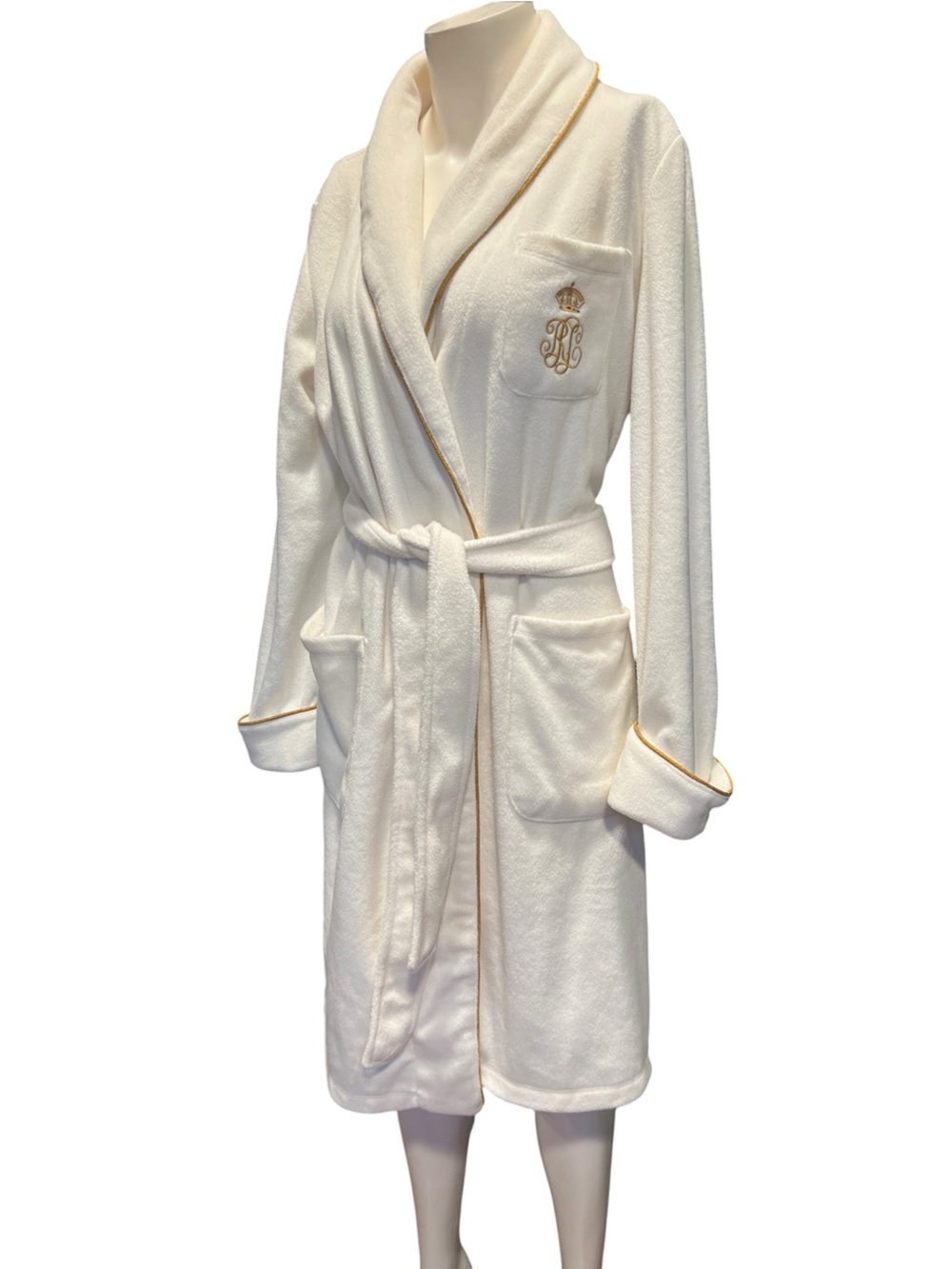 Lauren Ralph Lauren Cream Robe with Gold Trim and Monogram Emblem